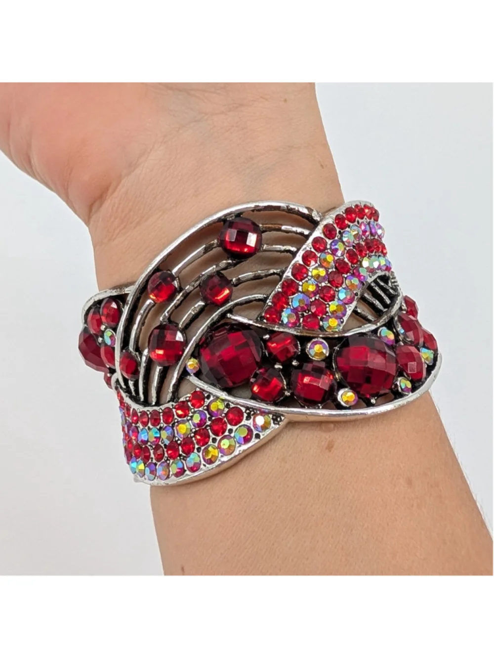 Red Rhinestone Wide Cuff Bracelet Silver Tone AB Crystal Y2K Glam Statement